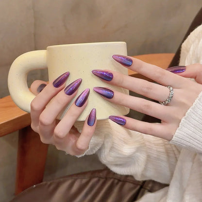 10 uñas postizas brillantes de ojo de gato, color morado nude, almendra, hechas a mano, para uso diario, para fiestas, manicura para mujer. 