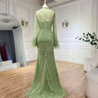 Custom Green Dubai Lace Gown With Beaded Feather Sleeves Formal Wear
