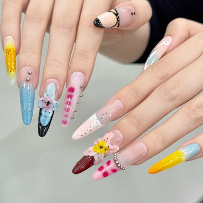 10 uñas postizas de verano hechas a mano con diseño de dopamina, talladas a mano en hielo, con diseño de nenúfar grande, uñas postizas francesas largas y almendradas de colores. 