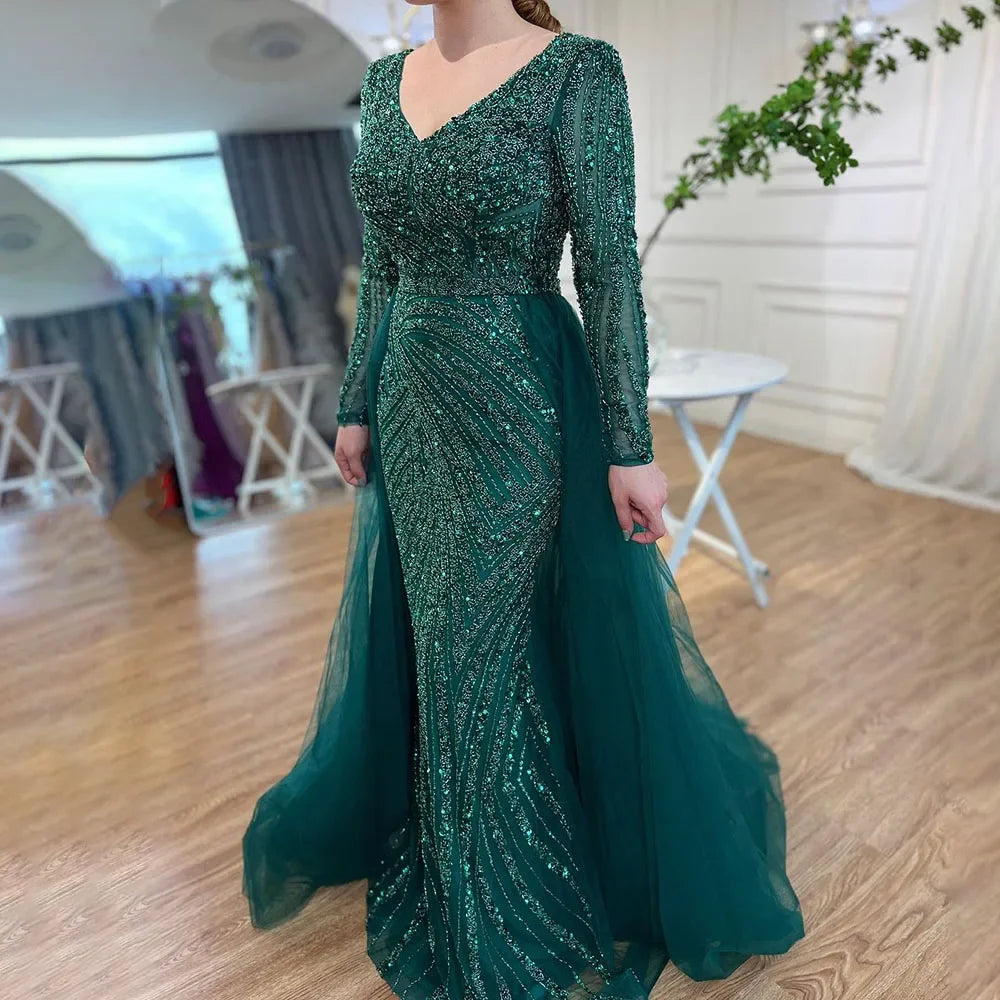 Custom Blue Grey V Neck Mermaid Beaded Evening Dress For Women