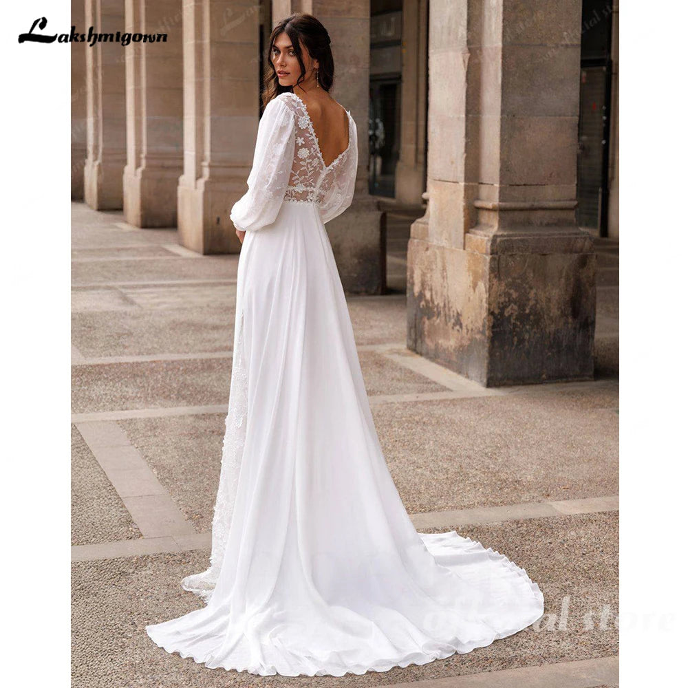 Custom Chiffon Bridal Gown 2026 Puff Sleeve Lace A Line Wedding Dress