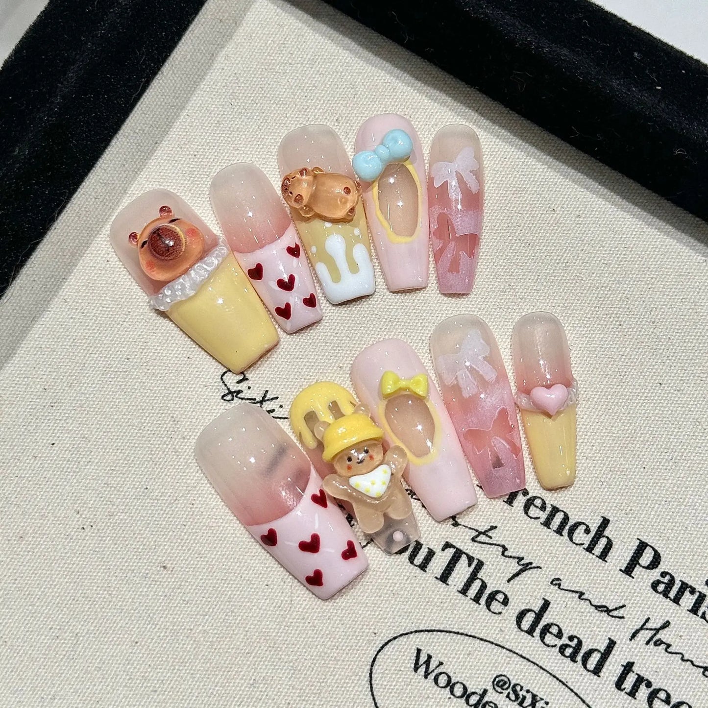 10 uñas postizas Kapibala hechas a mano, color rosa rubor, pintadas a mano, estilo francés, con lazos decorativos, uñas postizas para usar. 