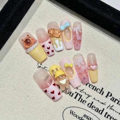 10 uñas postizas Kapibala hechas a mano, color rosa rubor, pintadas a mano, estilo francés, con lazos decorativos, uñas postizas para usar. 