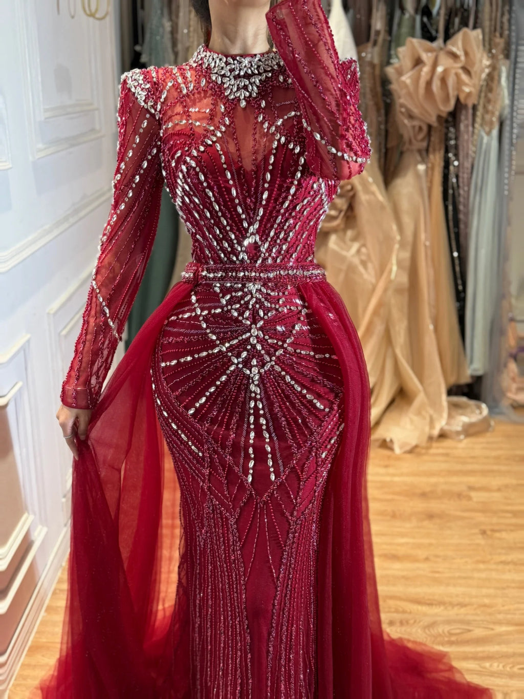 Serene Hill Custom Nude Muslim Mermaid Evening Gown Long Sleeves
