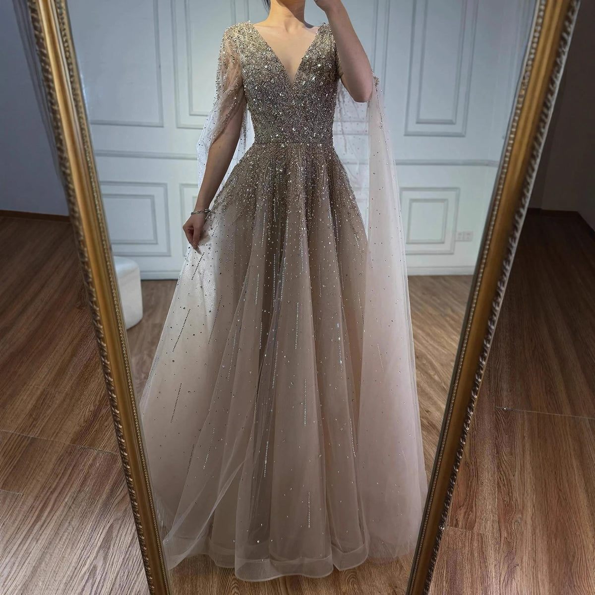 Serene Hill Pink Beaded A Line Evening Dress Cape Sleeves For Wedding Guests