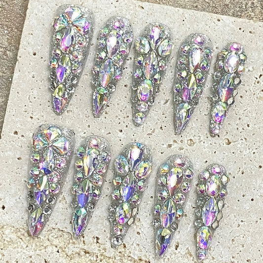 10 uñas postizas hechas a mano con diamantes brillantes, ligeras, de lujo, largas y puntiagudas, cobertura completa, uñas postizas Y2k, regalos de Año Nuevo. 