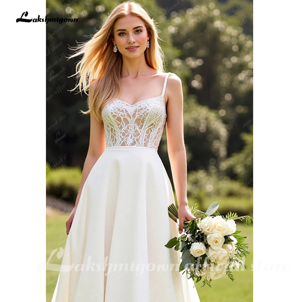 Custom Ivory Lace A Line Spaghetti Strap Crepe Satin Garden Wedding Dress