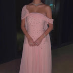 Serene Hill Pink Chiffon Mermaid Evening Gowns 2026 Elegant Mermaid Off-Shoulder Pleated Ruched Prom Dresses LA73347 Customized