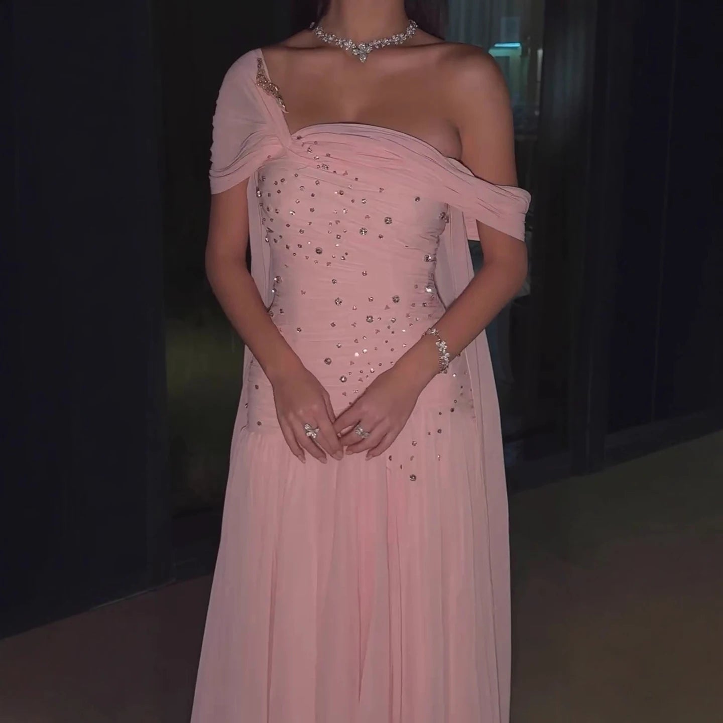 Serene Hill Pink Chiffon Mermaid Evening Gowns 2026 Elegant Mermaid Off-Shoulder Pleated Ruched Prom Dresses LA73347 Customized