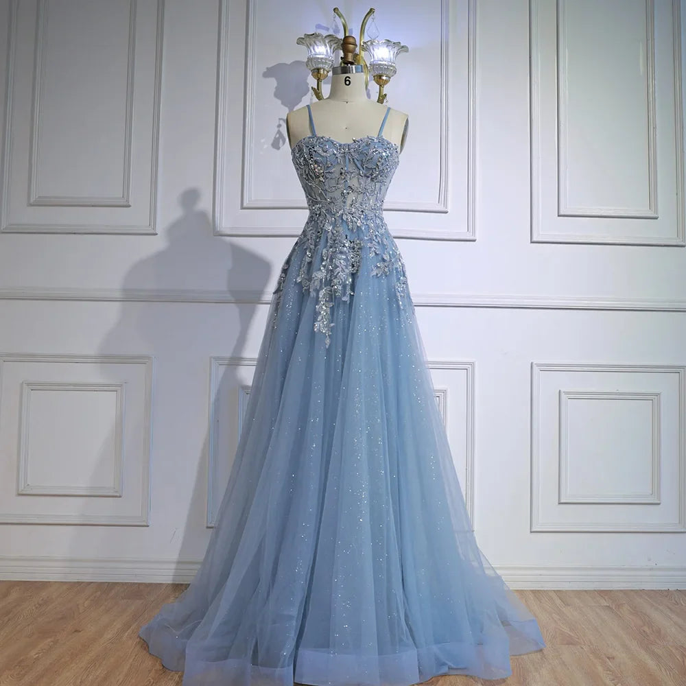 Vestido de fiesta de tul gris lujoso en línea A con apliques florales LA73015