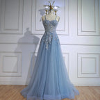 Vestido de fiesta de tul gris lujoso en línea A con apliques florales LA73015