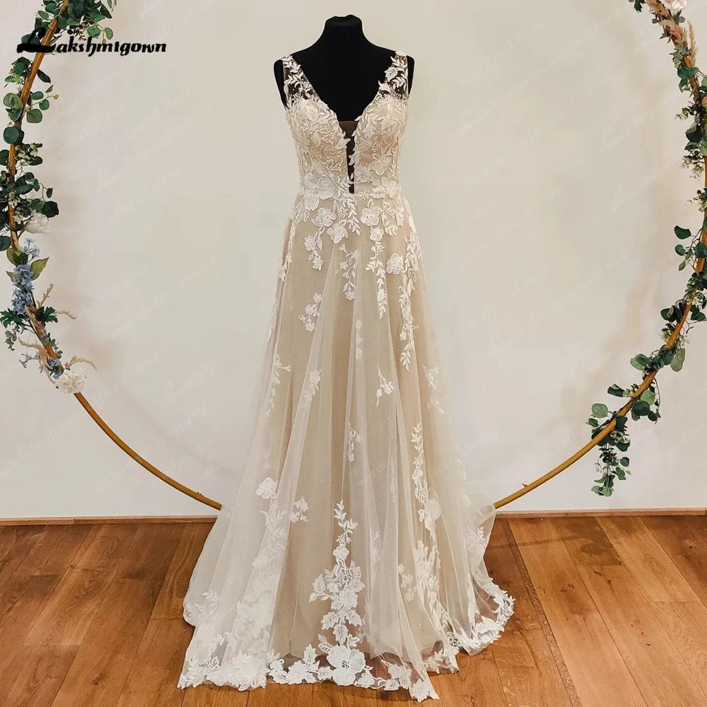 Luxury A Line Wedding Dress With Floral Appliques V Neck And Backless Style