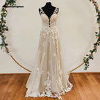 Luxury A Line Wedding Dress With Floral Appliques V Neck And Backless Style