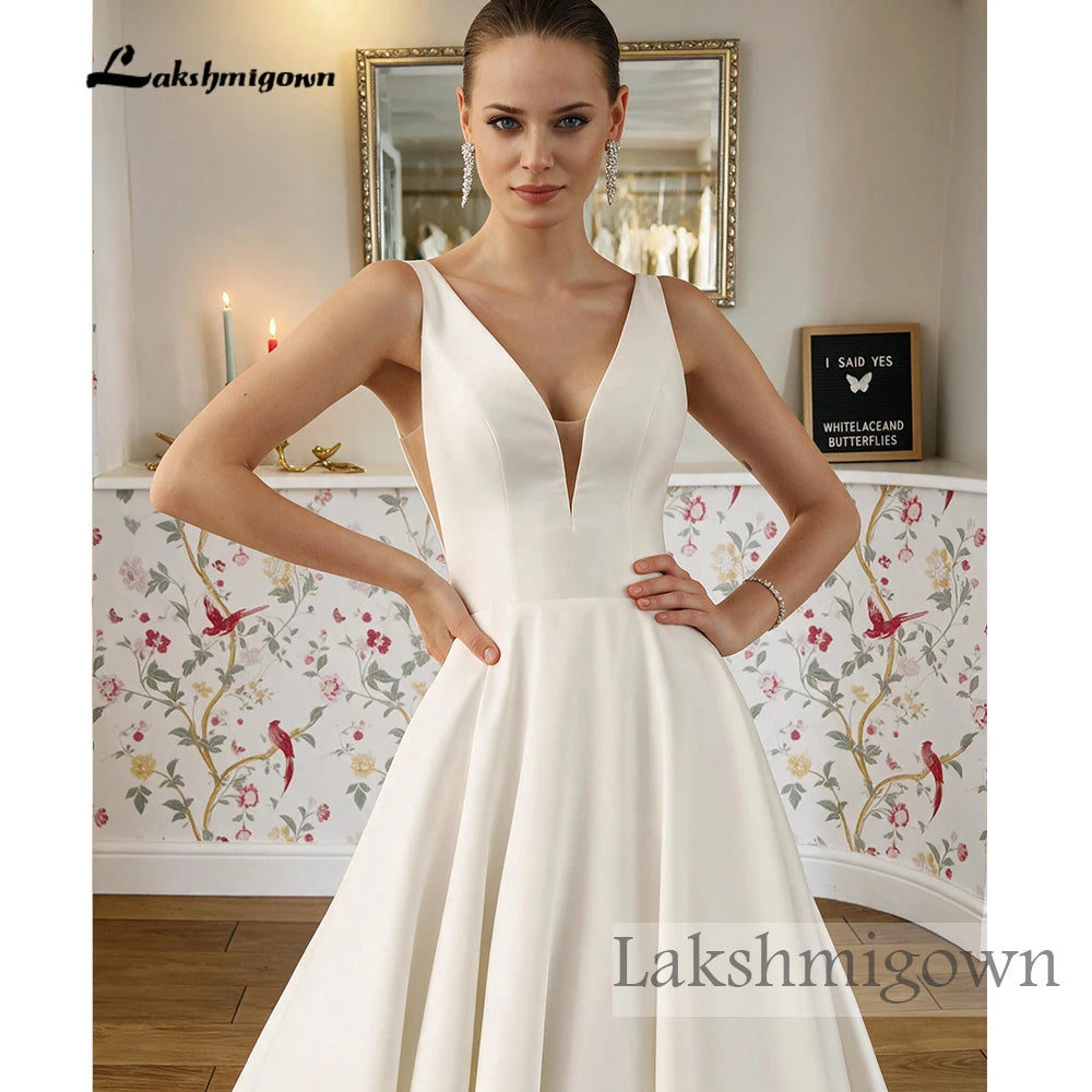 Custom Minimalist Satin A Line Bridal Gown With Court Train