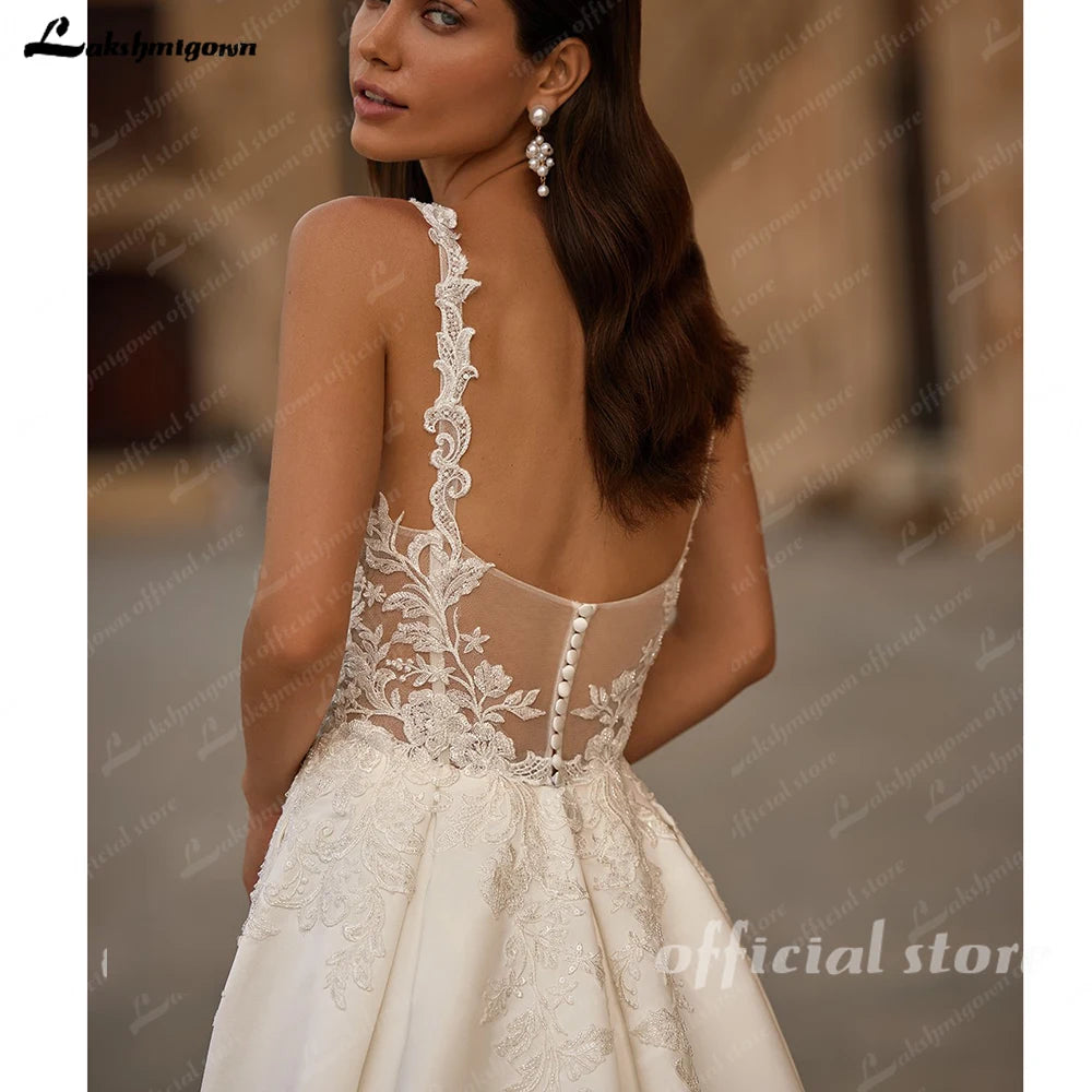Customized Satin Wedding Dress With Elegant Lace Appliques For Bride