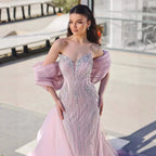 Custom Pink Mermaid Beaded Evening Dress For Women With Cape
