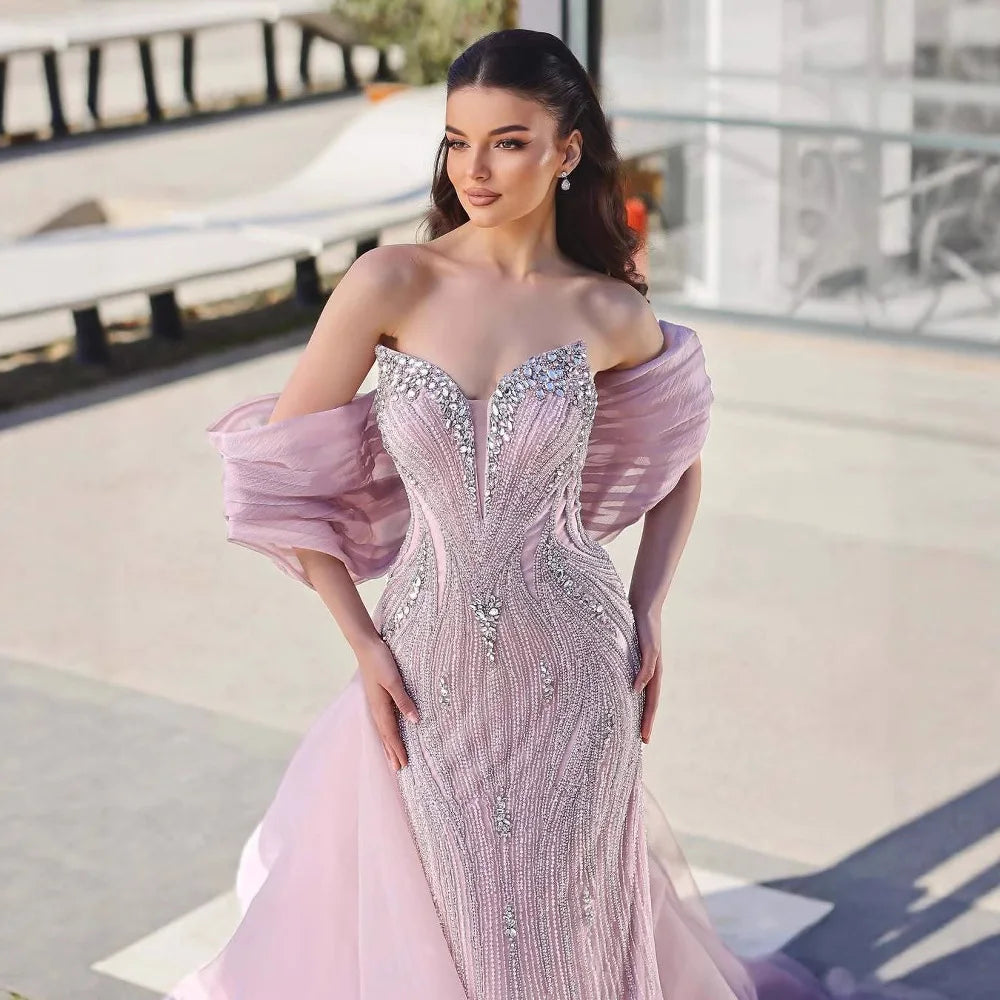 Custom Pink Mermaid Beaded Evening Dress For Women With Cape