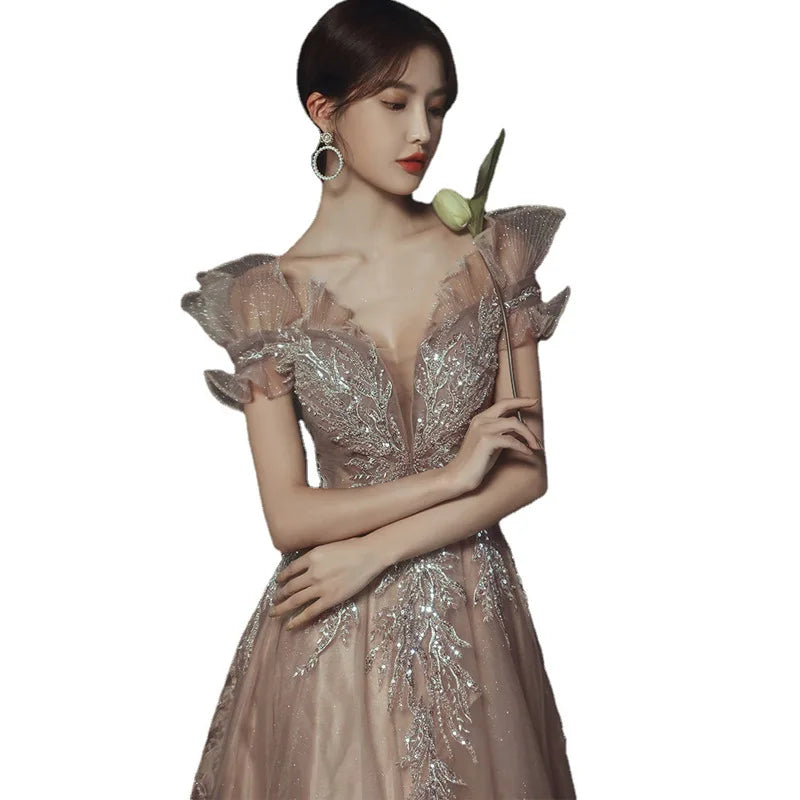 Elegant Off Shoulder Mesh Cheongsam Formal Evening Party Applique Maxi Dress