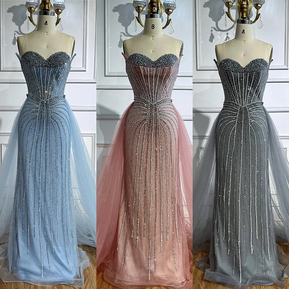 Pink Pearls Beaded Arabic Mermaid Evening Dress with Overskirt LA72811B