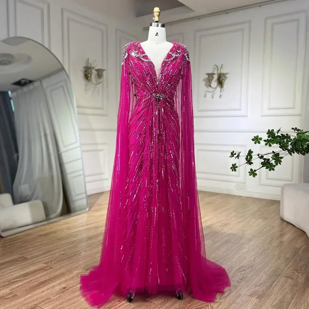Custom Turquoise Beaded Mermaid Evening Dress With Cape Plus Size Women