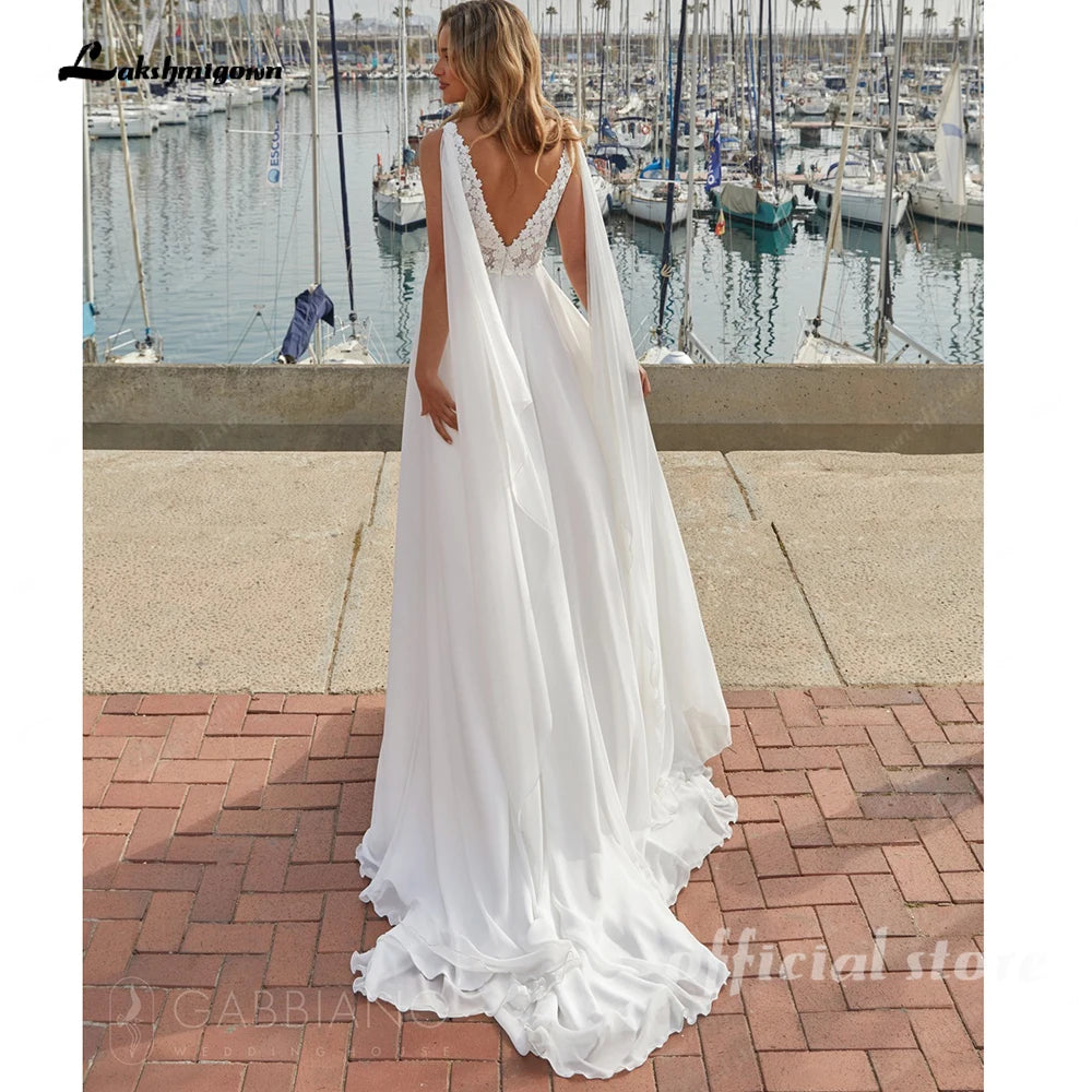 Lakshmigown Custom Beach Wedding Dress Sleeveless V Neck Lace Chiffon