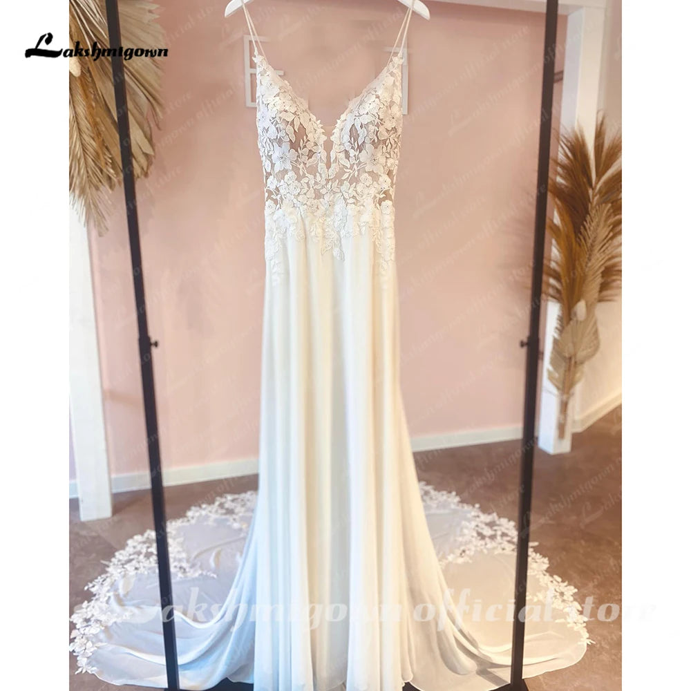 Customized Beach Wedding Dress With Vintage Lace Boho Spaghetti Straps
