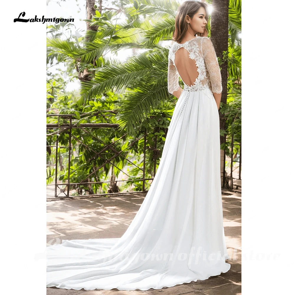 Lakshmigown Boho A Line V Neck Long Sleeve Lace Bridal Gown