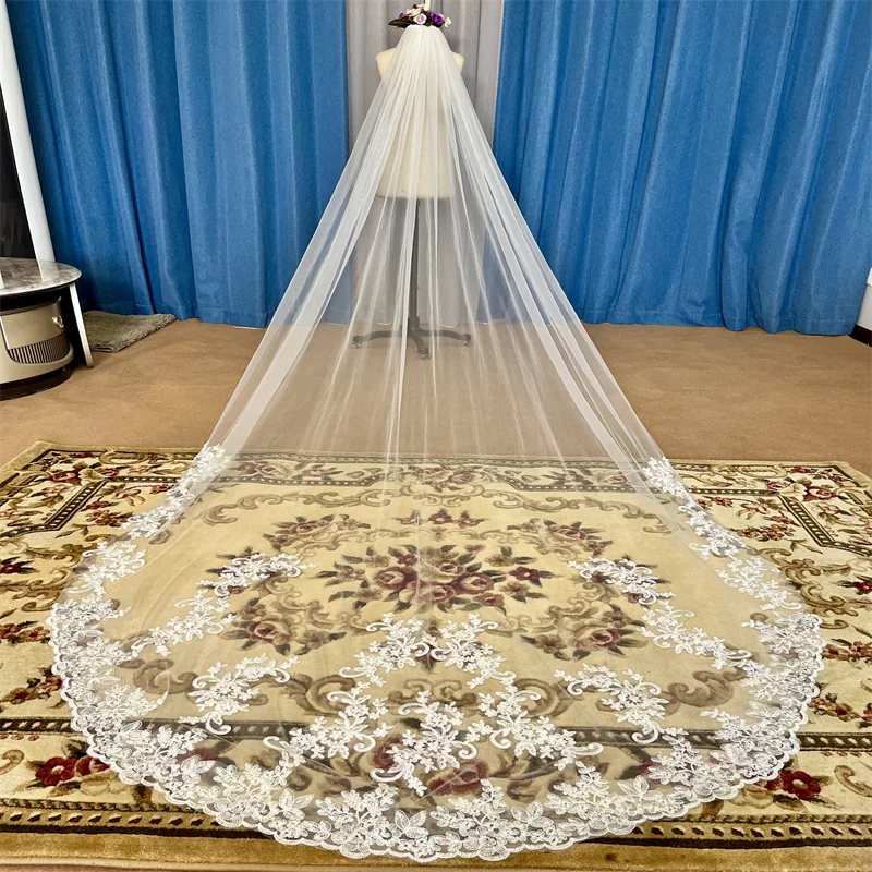 White Ivory Cathedral Bridal Veil With Lace Wedding Applique