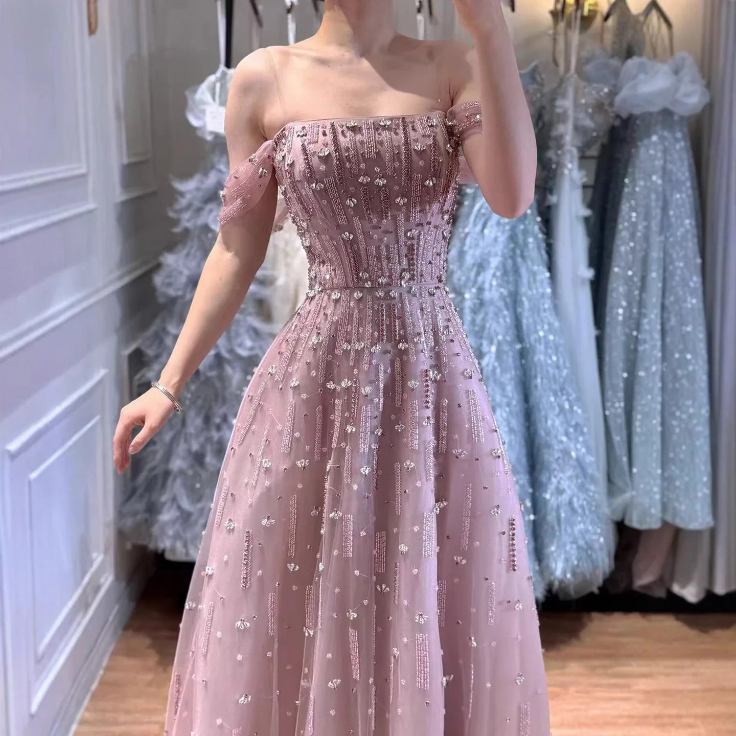 Serene Hill Caramel Beaded Off Shoulder A Line Evening Gown For Prom