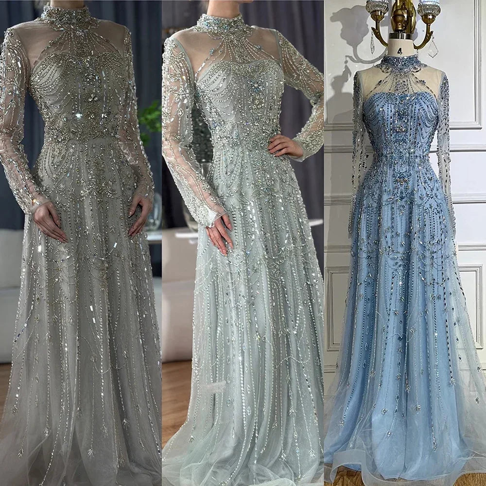 Serene Hill Caramel Long Sleeves Beaded Muslim Evening Gown For Women