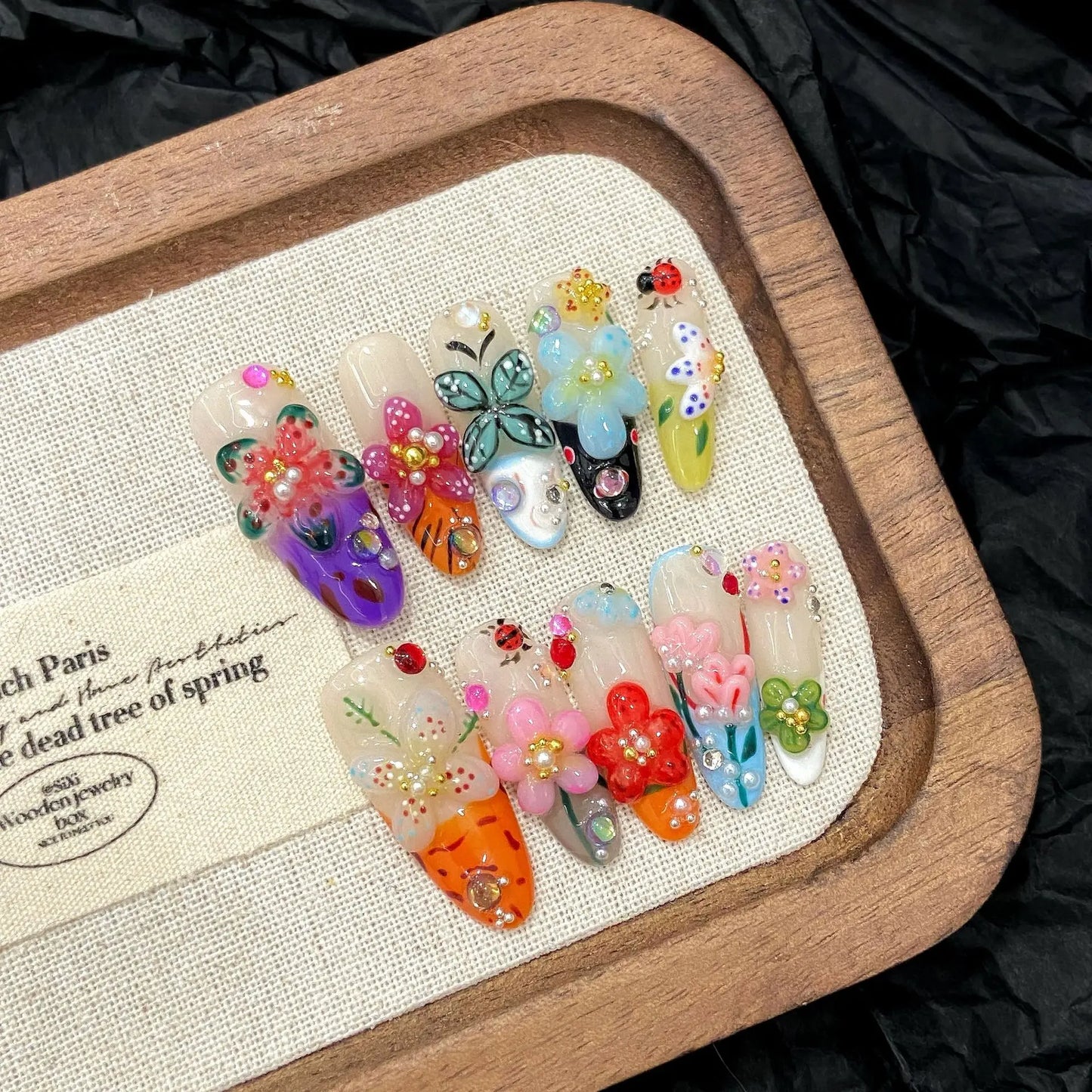 10pcs Creative Summer False Nails Handmade 3D Colorful Flower Insect Designs Press On Nails Y2k French Style Spring Fake Nail