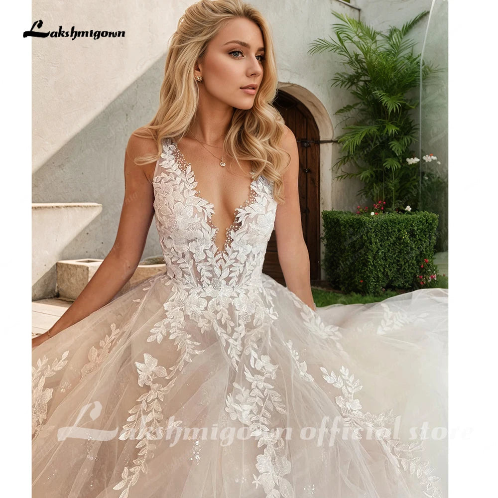 Custom A Line Backless Wedding Dress Featuring Beaded Lace Tulle