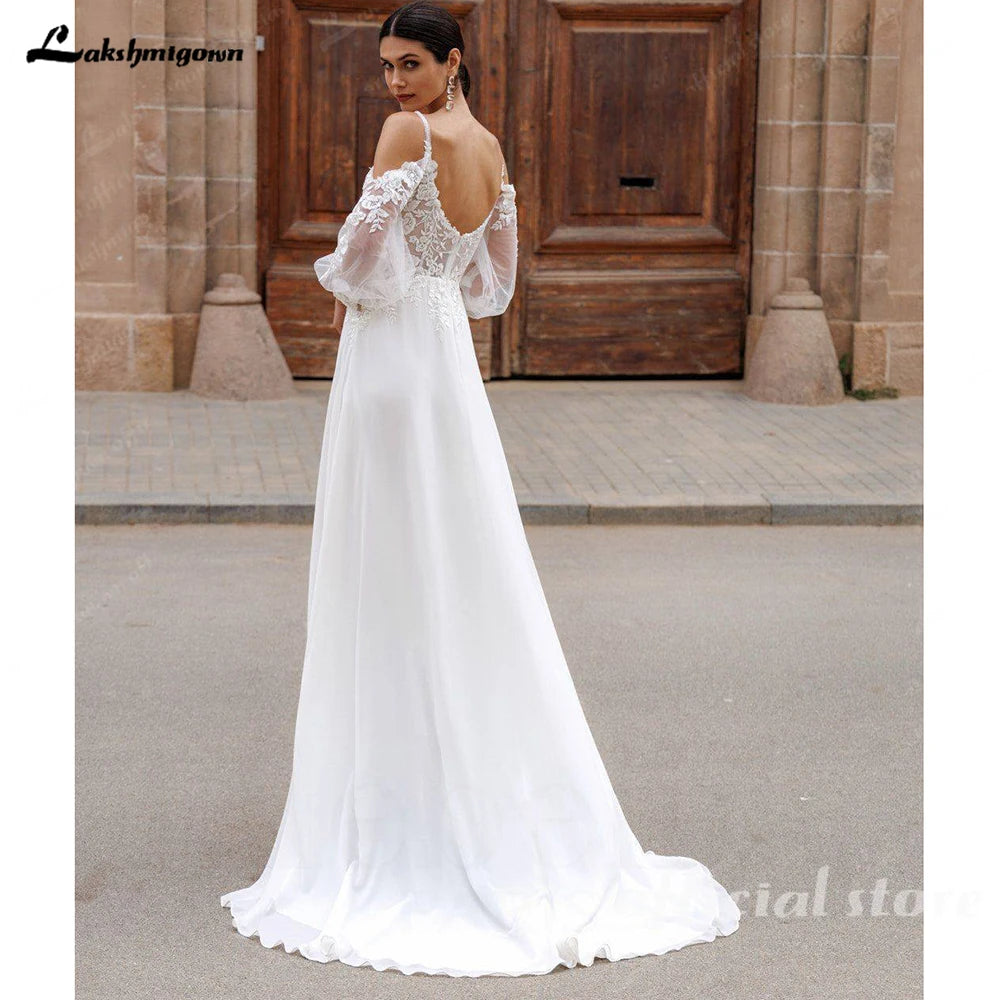 Lakshmigown Boho Off Shoulder Lace Chiffon V Neck Wedding Dress