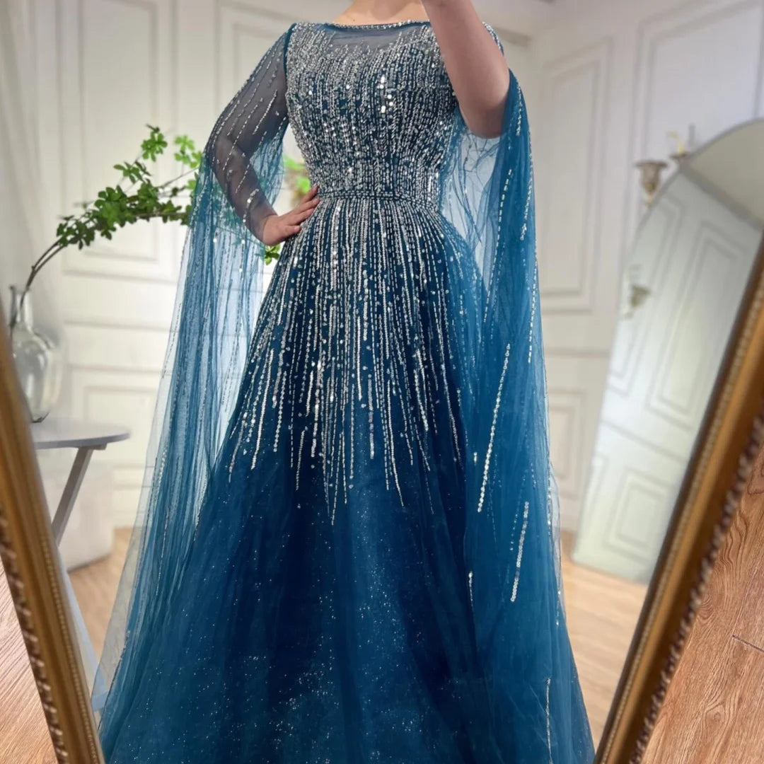 Serene Hill Blue Cape Sleeve Beaded Aline Evening Dress Custom Party Gown