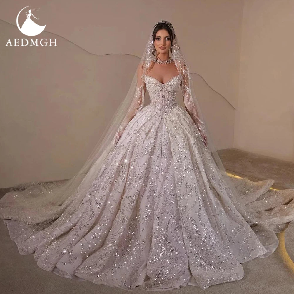 Aedmgh Custom Strapless Lace Beaded Sequined Bridal Ball Gown Wedding Dress