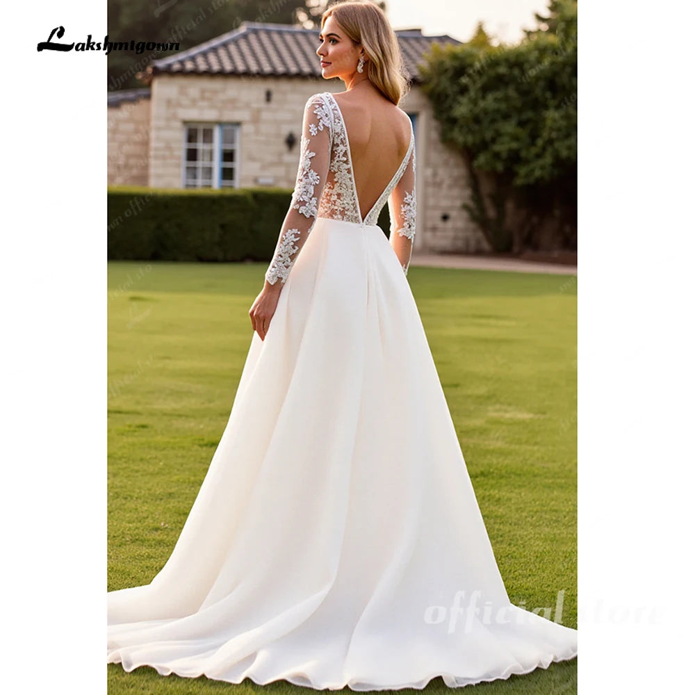 Custom Ivory Lace Appliqued A Line Wedding Dress With Train