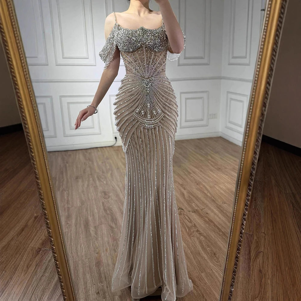 Customized Pink Beaded Off Shoulder Mermaid Evening Dress For Women