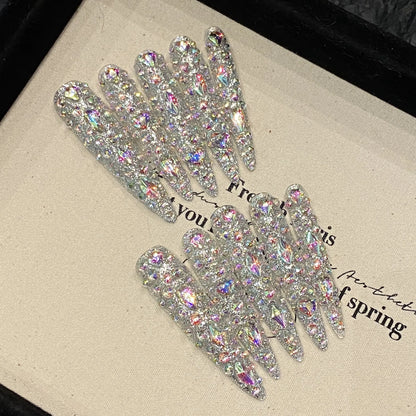 10 uñas postizas hechas a mano con diamantes brillantes, ligeras, de lujo, largas y puntiagudas, cobertura completa, uñas postizas Y2k, regalos de Año Nuevo. 