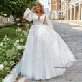 Lakshmigown Plus Size A Line Tulle Wedding Dress With Puff Sleeves V Neck