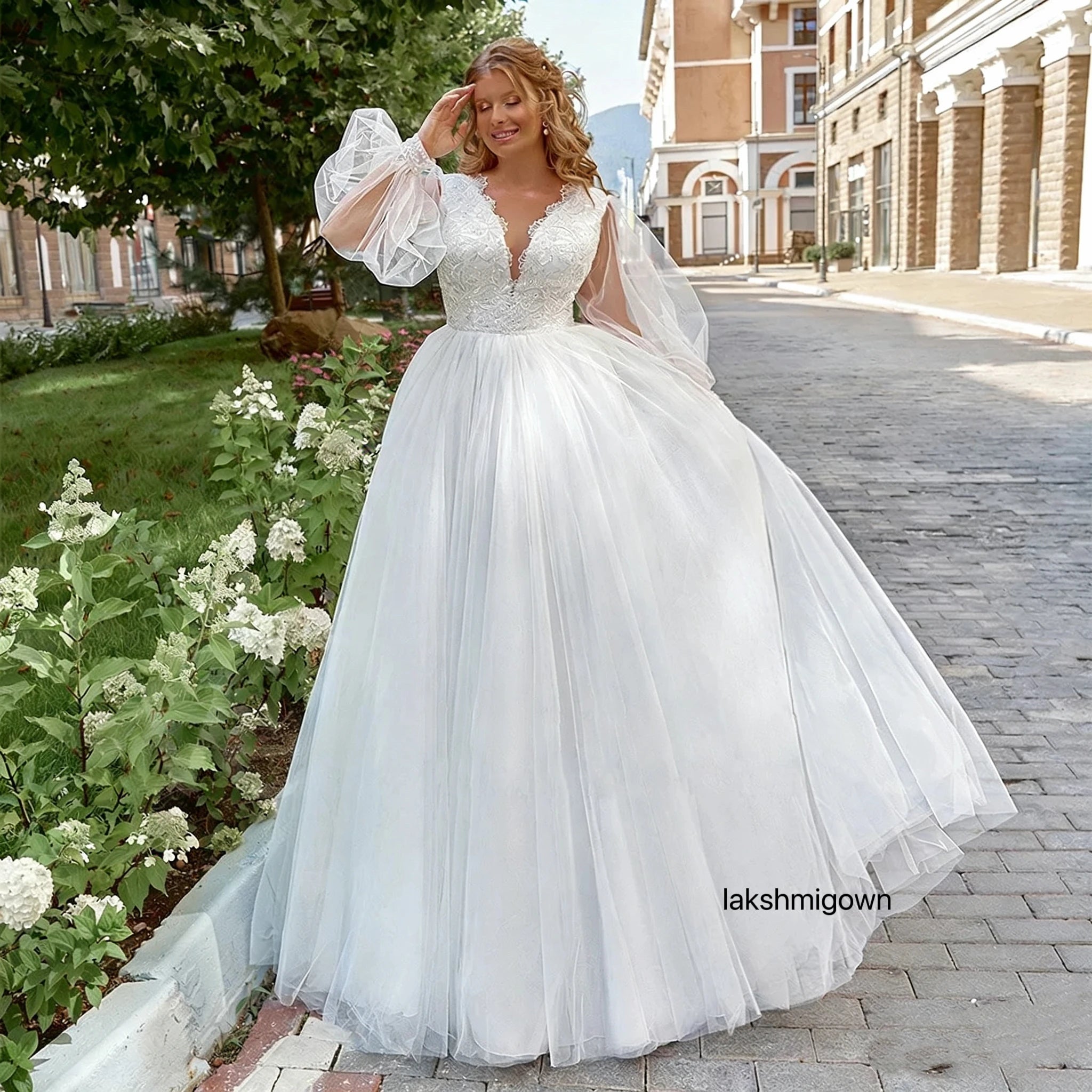 Lakshmigown Plus Size A Line Tulle Wedding Dress With Puff Sleeves V Neck