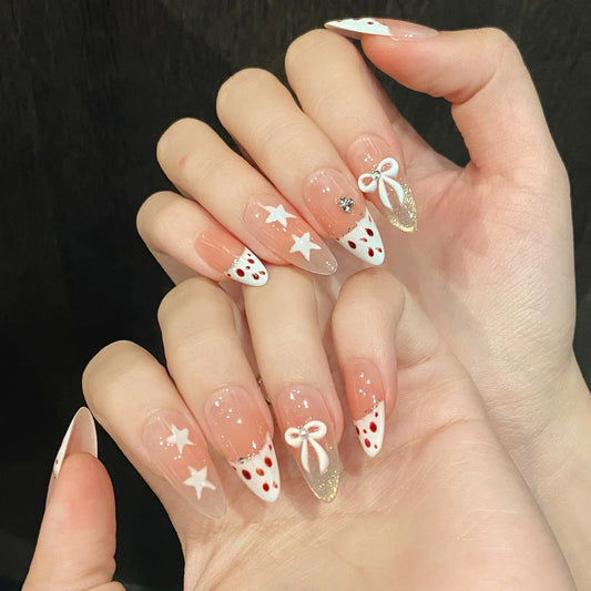 10 uñas postizas Y2k con lazo y estrellas, diseño de leopardo en rosa rubor, estilo francés, hechas a mano, con borde blanco y almendra. 