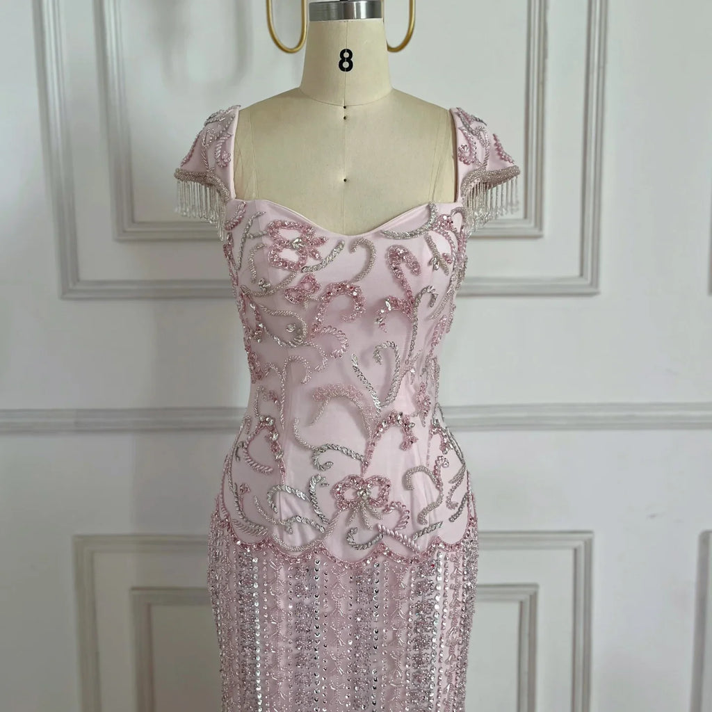 Pink Mermaid Beaded Evening Gown Customized Arabic Wedding Dress