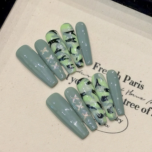 10 parches de uñas postizas largas color verde militar, estilo bailarina, para primavera y verano, fáciles de usar, hechos a mano, con cobertura completa, para manicura artística. 