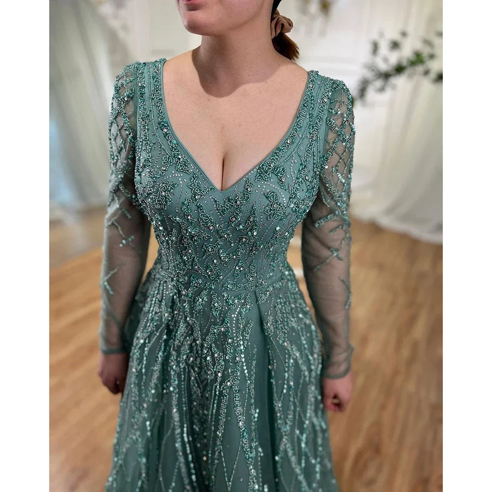 Serene Hill Lilac V Neck A Line Beaded Evening Gown For Women Custom