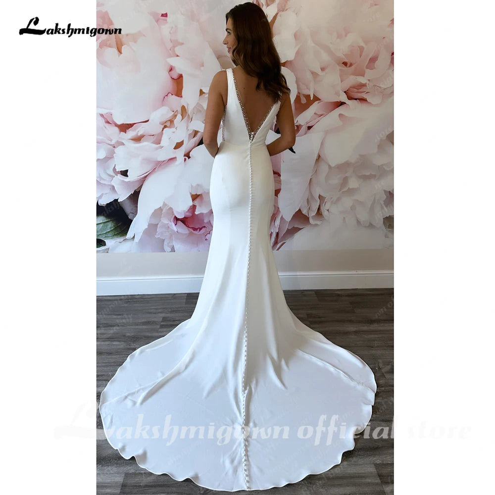Custom Crepe Satin Mermaid Wedding Gown Crystal Beaded V Neck Sleeveless