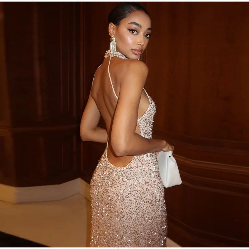 Sexy Halter Backless Long Dress Women Solid Sequin Sleeveless High Waist Slim Fit Dresses 2025 Lady Chic New Evening Party Robes