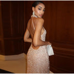 Sexy Halter Backless Long Dress Women Solid Sequin Sleeveless High Waist Slim Fit Dresses 2025 Lady Chic New Evening Party Robes