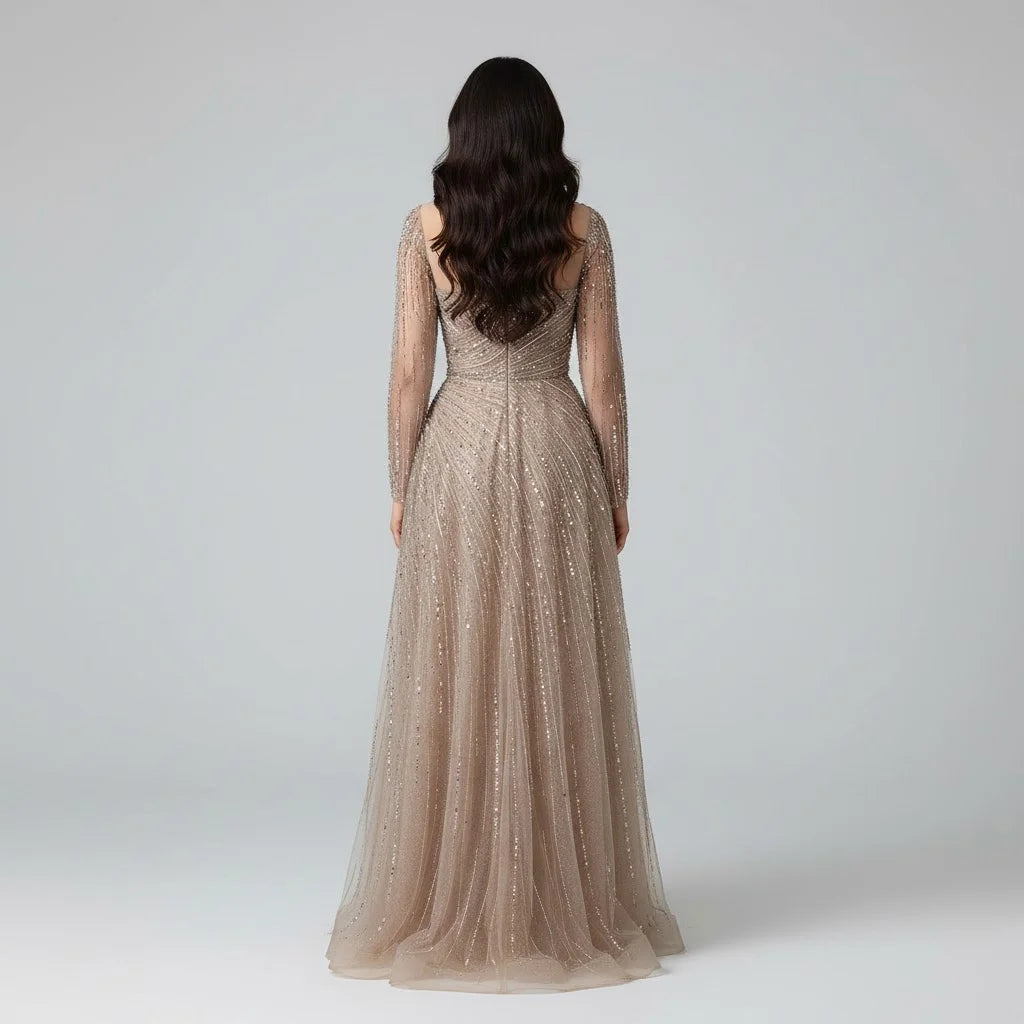 Custom Caramel Evening Prom Dress Long Sleeves A Line Muslim Gown