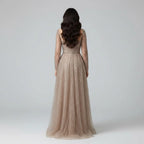Custom Caramel Evening Prom Dress Long Sleeves A Line Muslim Gown