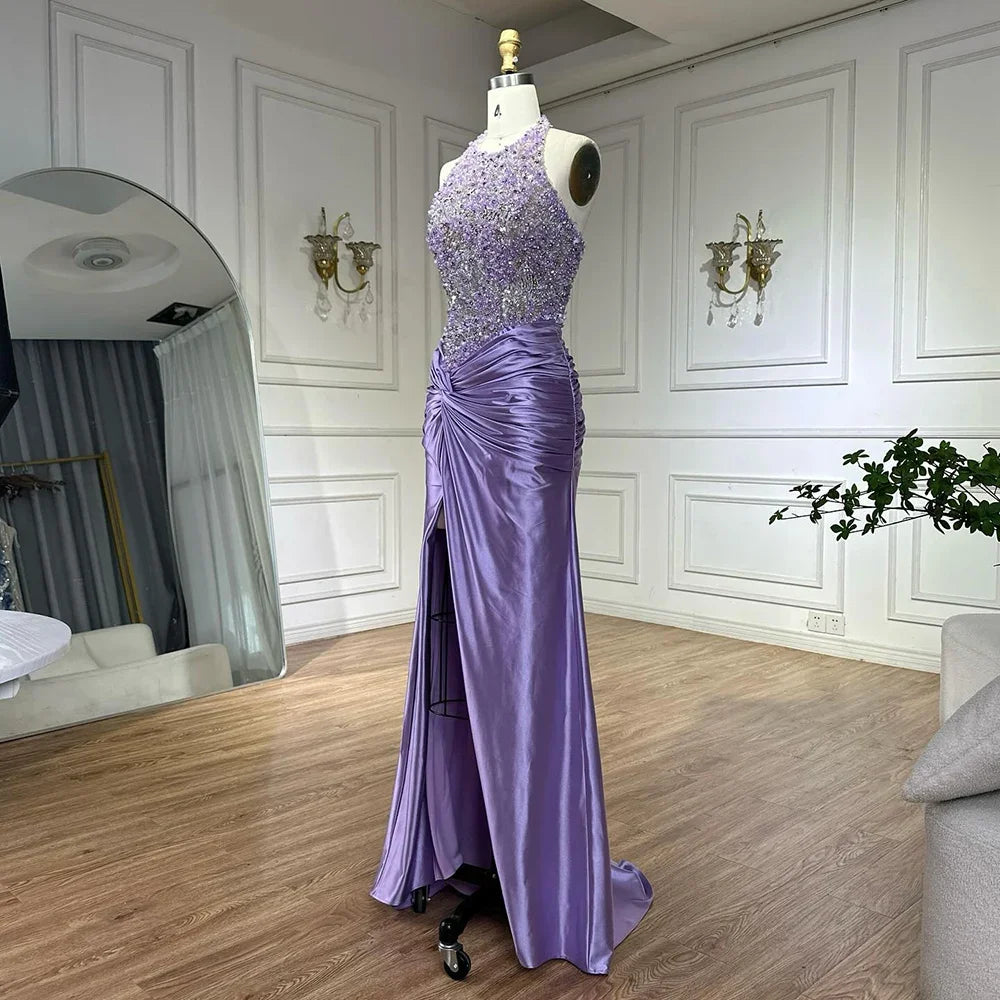 Custom Lilac Halter Mermaid Evening Gown Side Slit Wedding Bridesmaid Dress